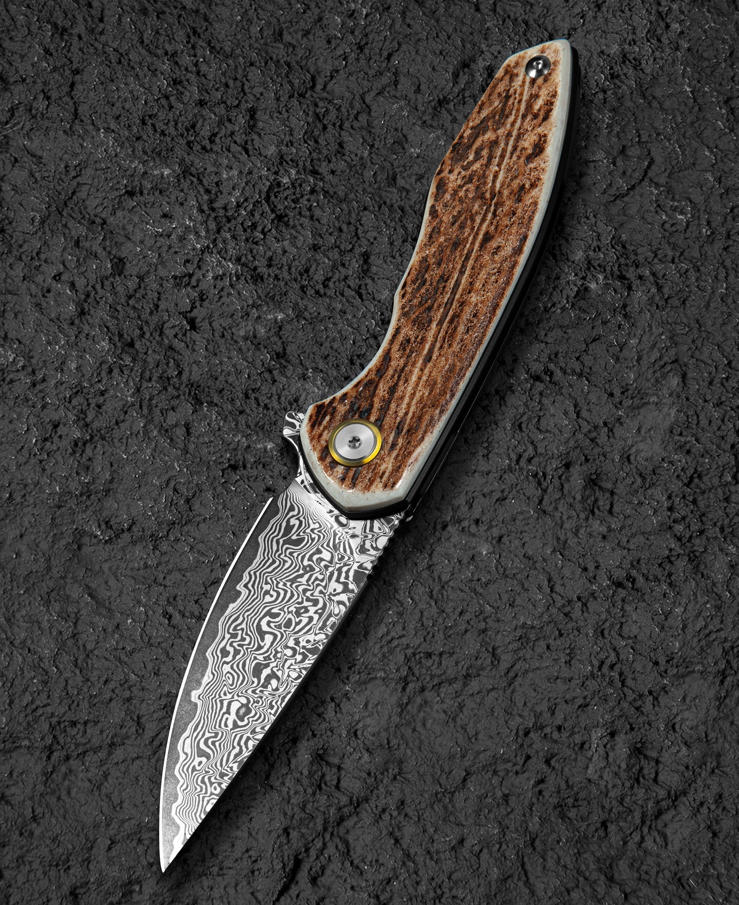 Bestech Bambi BL08G Damascus Blade Stag Horn Handle Liner Lock Folding Knife