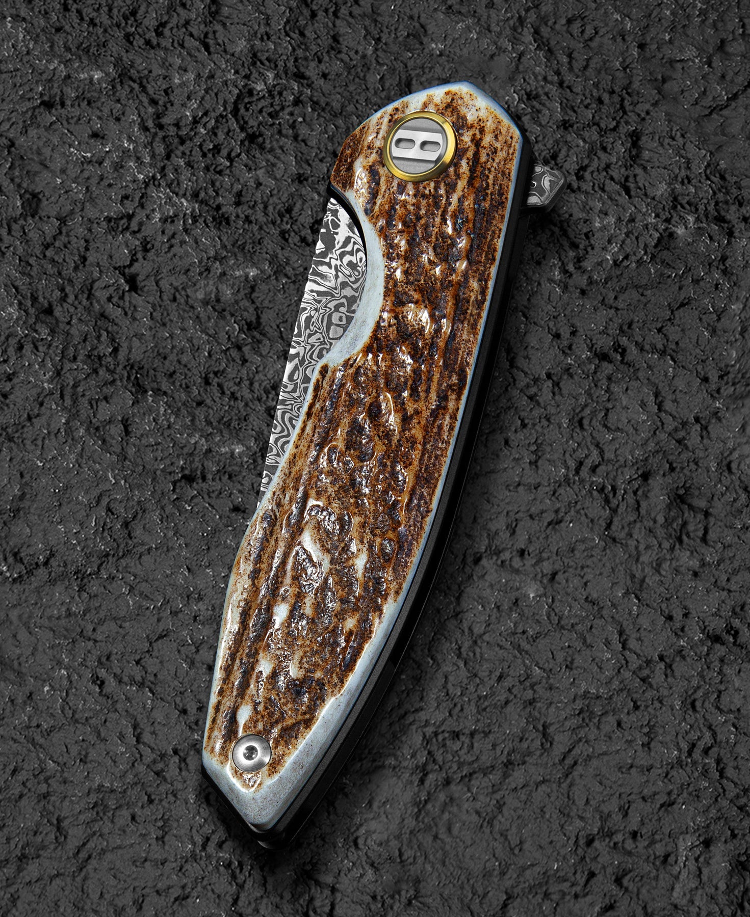 Bestech Bambi BL08G Damascus Blade Stag Horn Handle Liner Lock Folding Knife