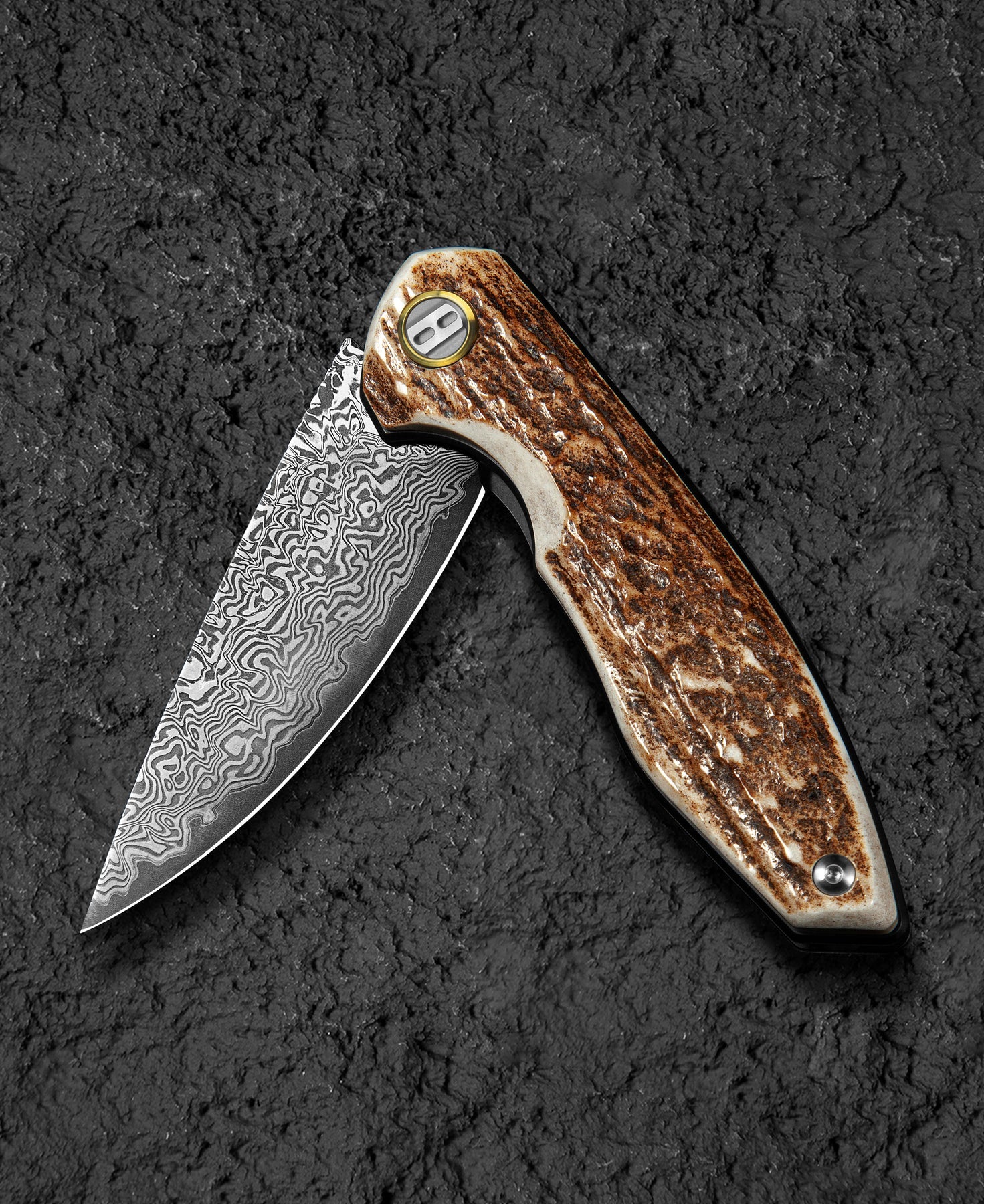 Bestech Bambi BL08G Damascus Blade Stag Horn Handle Liner Lock Folding Knife