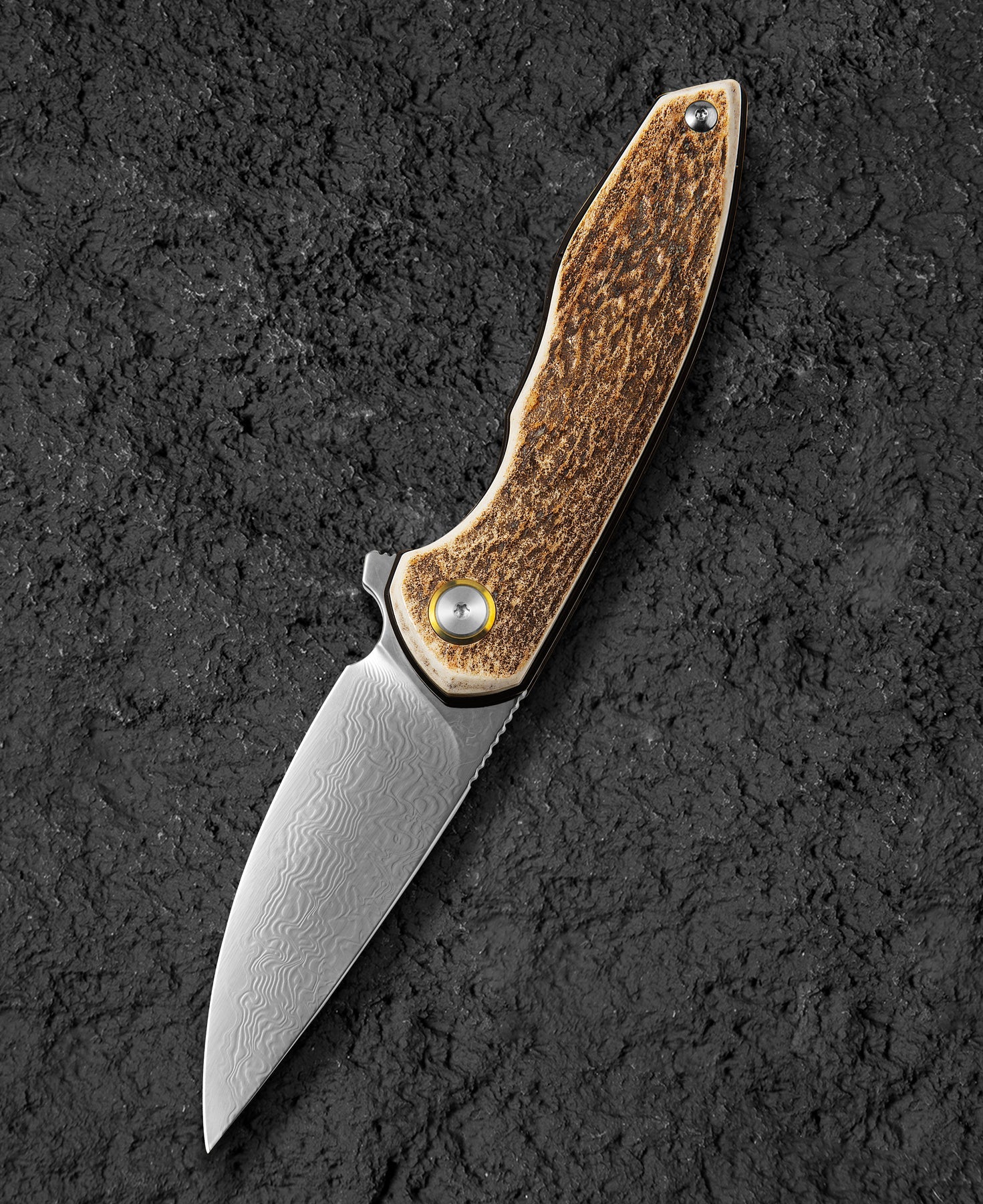 Bestech Bambi BL08H Damascus Blade Stag Horn Handle Liner Lock Folding Knife
