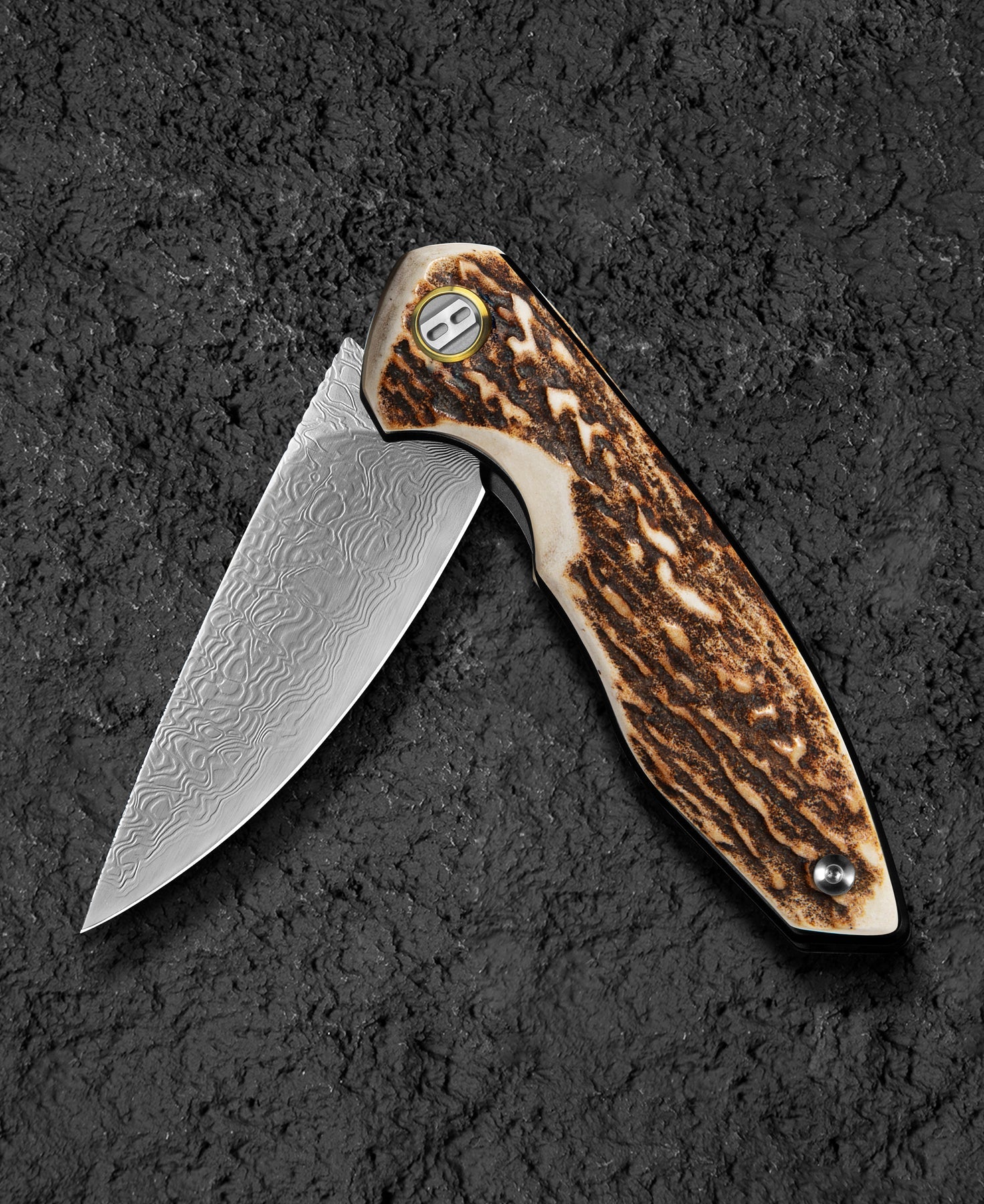 Bestech Bambi BL08H Damascus Blade Stag Horn Handle Liner Lock Folding Knife