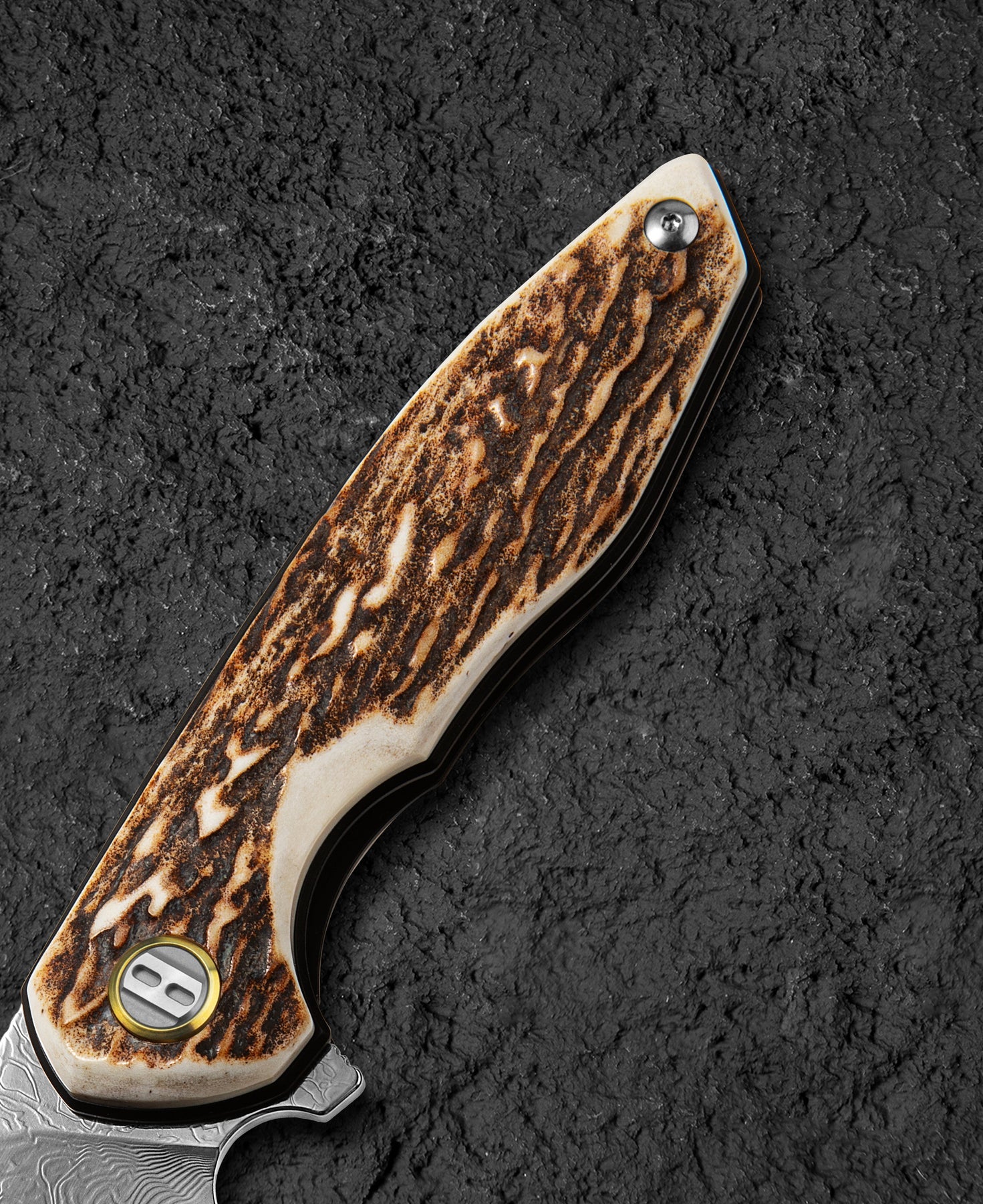 Bestech Bambi BL08H Damascus Blade Stag Horn Handle Liner Lock Folding Knife