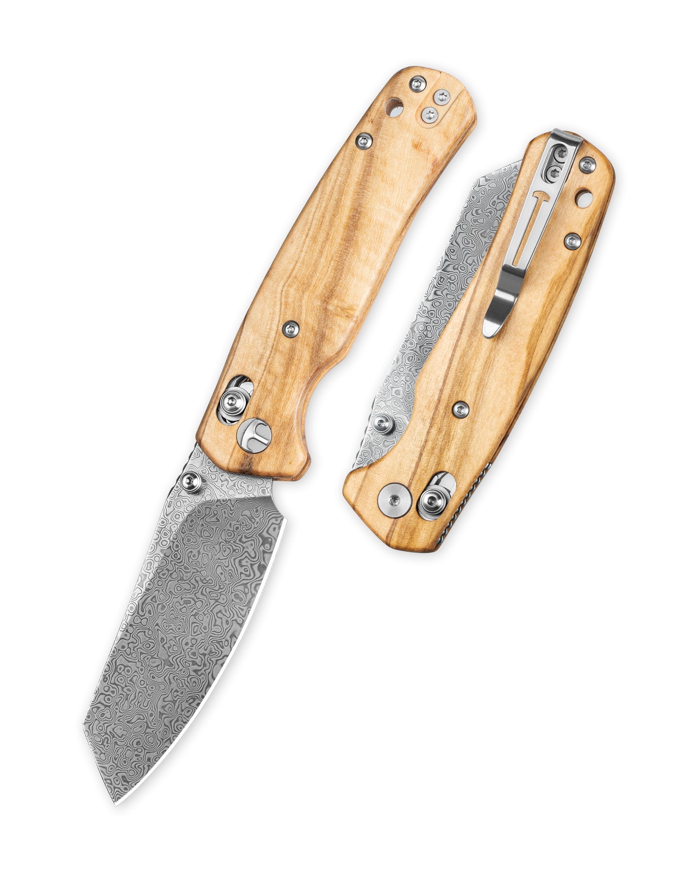Bestechman Cicada's Wing BMK06-W-2 Damascus Blade Olive Wood Handle Crossbar Lock Folding Knife