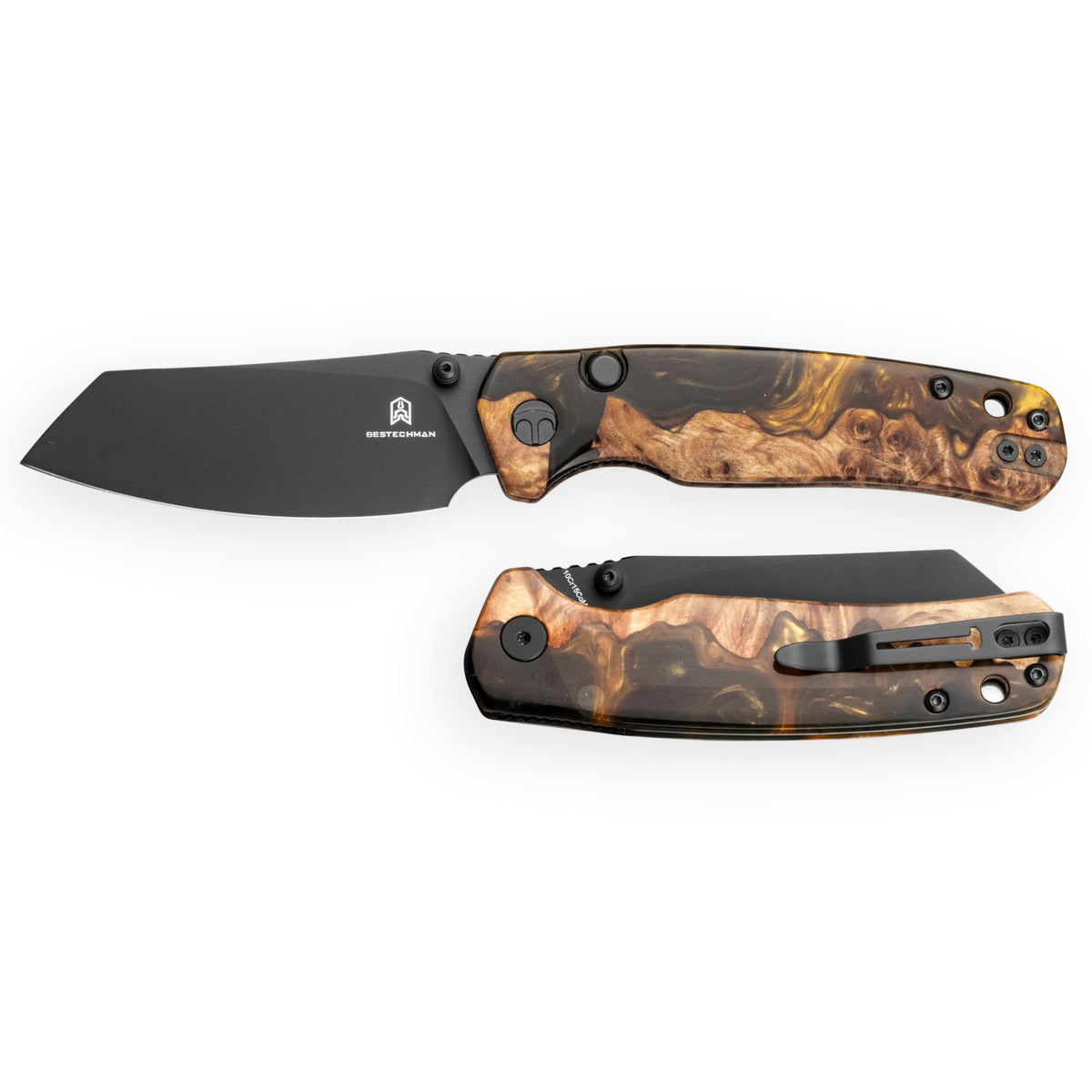 Bestechman Cicada's Wing-TL BMK24-W-2 10Cr15CoMoV Blade Wood and Black+Gold Resin Handle Top Liner Lock Folding Knife