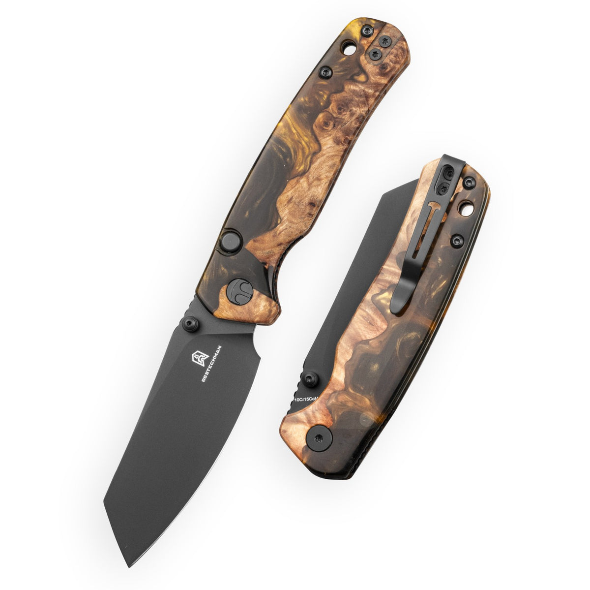Bestechman Cicada's Wing-TL BMK24-W-2 10Cr15CoMoV Blade Wood and Black+Gold Resin Handle Top Liner Lock Folding Knife