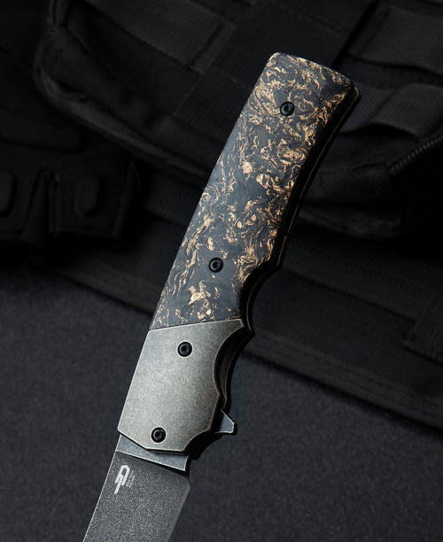 Bestech Spanish Tip Razor BT2101C M390 Blade Titanium+Carbon Fiber With Copper Foil Handle Frame Lock Folding Knife
