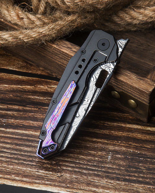 Bestech Nyxie BT2209E Damascus Blade Black Titanium Handle Frame Lock Folding Knife