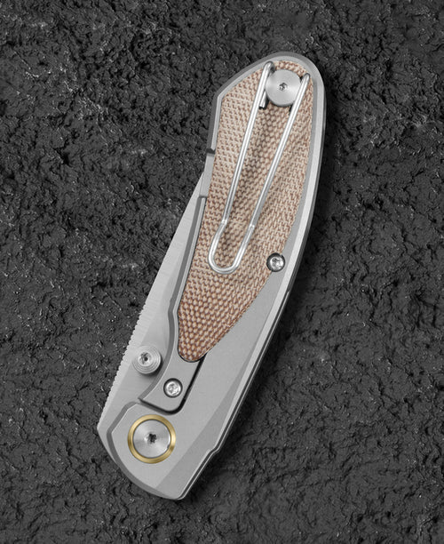 Bestech Lito BT2307B M390 Blade Titanium+Natural Canvas Micarta Inlay Handle Frame Lock Folding Knife