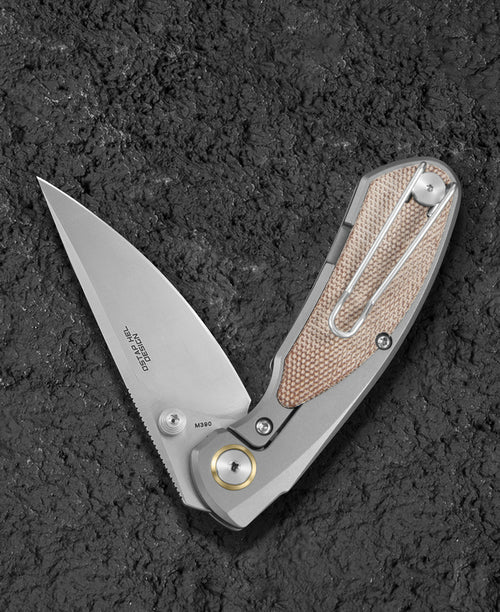 Bestech Lito BT2307B M390 Blade Titanium+Natural Canvas Micarta Inlay Handle Frame Lock Folding Knife