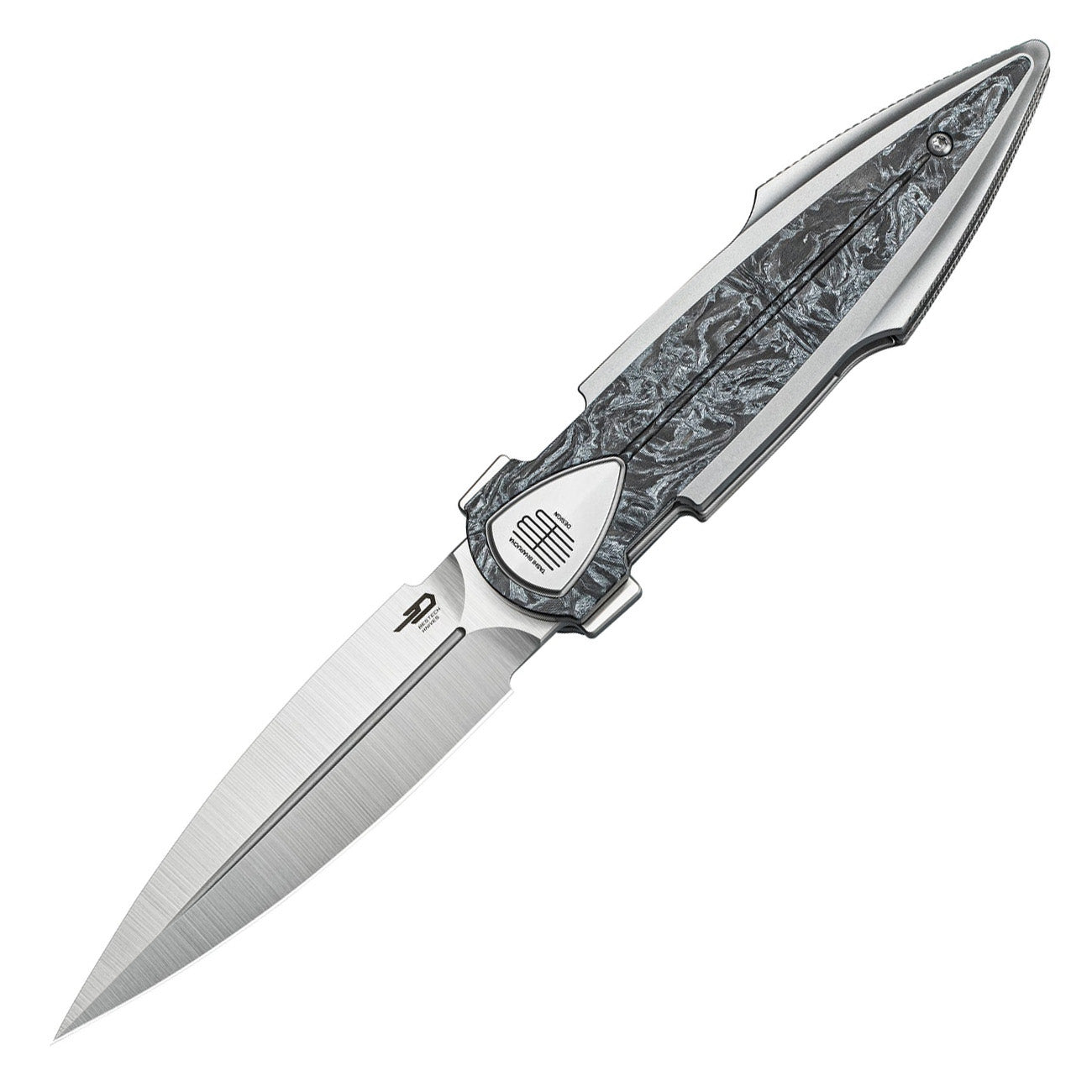 Bestech IKA DAGGER BT2602A M390 Blade Titanium + Silver Marble Carbon Fiber Inlays Handle Liner Lock Folding Knife