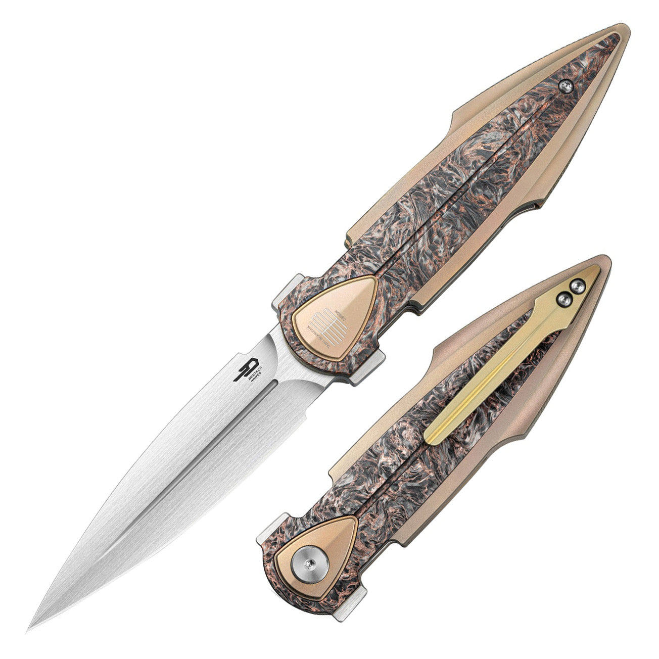 Bestech IKA DAGGER BT2602C M390 Blade Titanium + Dark Matter Copper Fatcarbon Fiber Inlays Handle Liner Lock Folding Knife