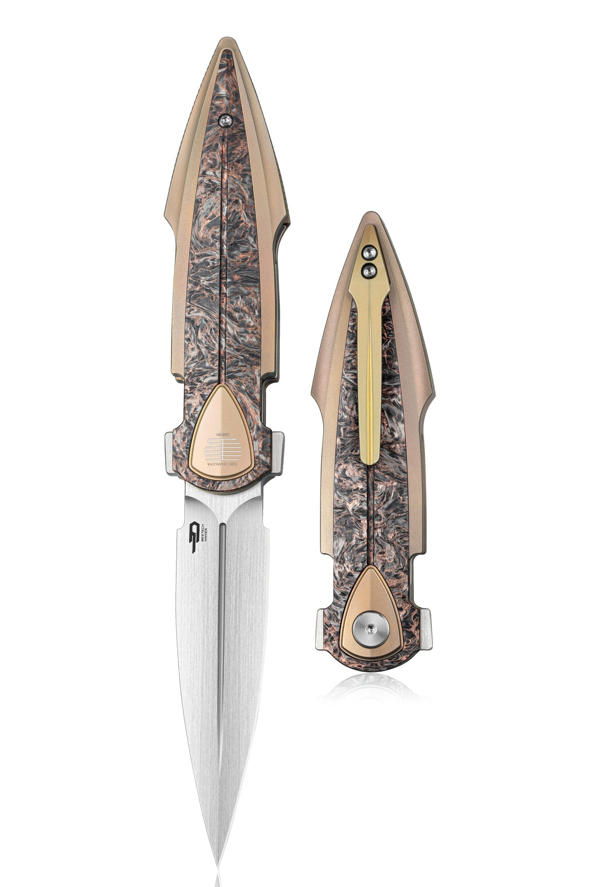 Bestech IKA DAGGER BT2602C M390 Blade Titanium + Dark Matter Copper Fatcarbon Fiber Inlays Handle Liner Lock Folding Knife