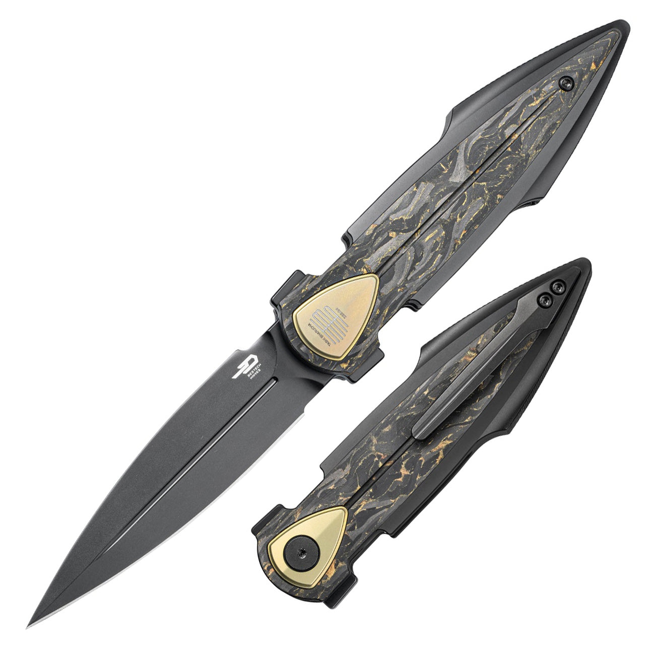 Bestech IKA DAGGER BT2602E M390 Blade Titanium + Gold Marble Carbon Fiber Inlays Handle Liner Lock Folding Knife