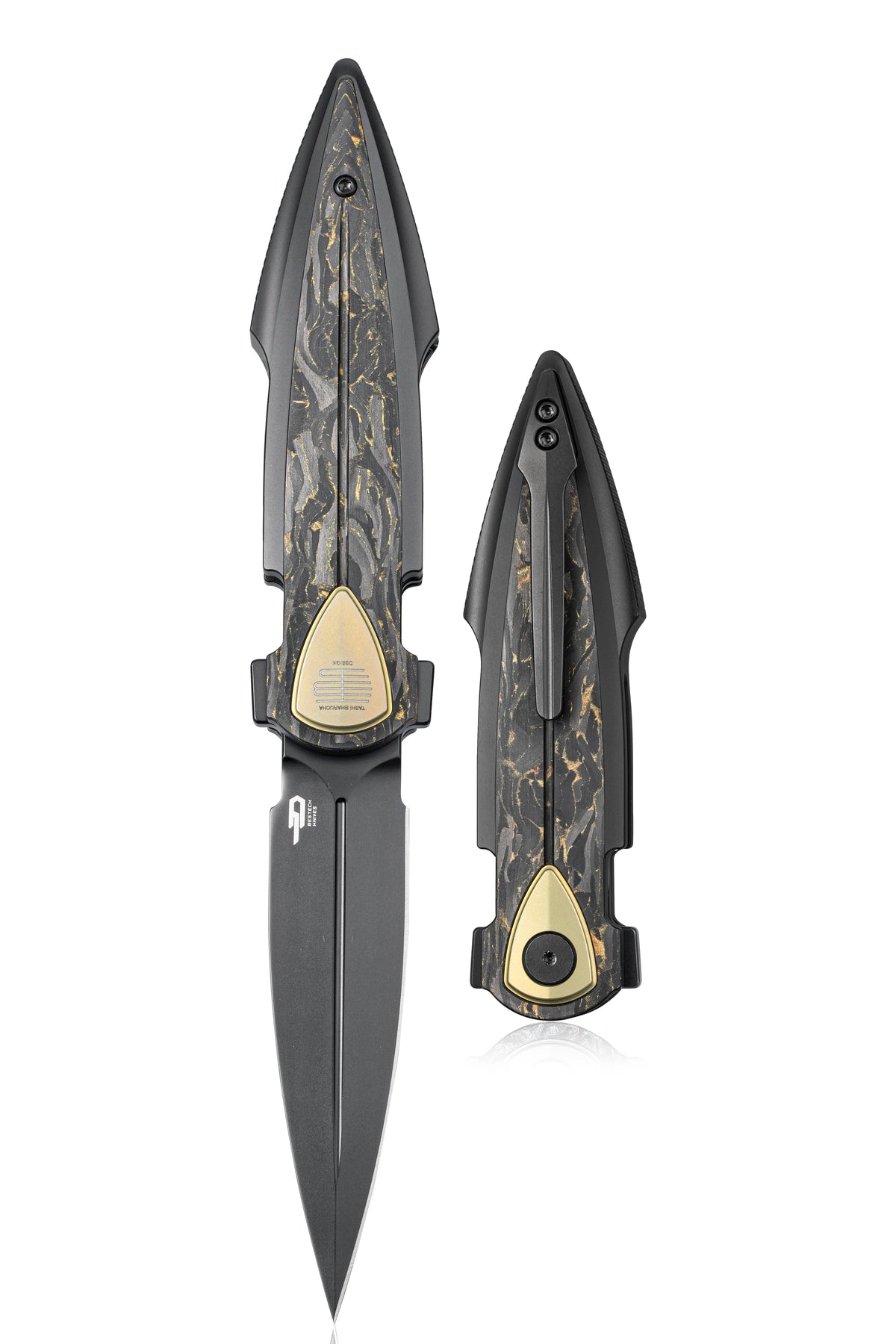 Bestech IKA DAGGER BT2602E M390 Blade Titanium + Gold Marble Carbon Fiber Inlays Handle Liner Lock Folding Knife