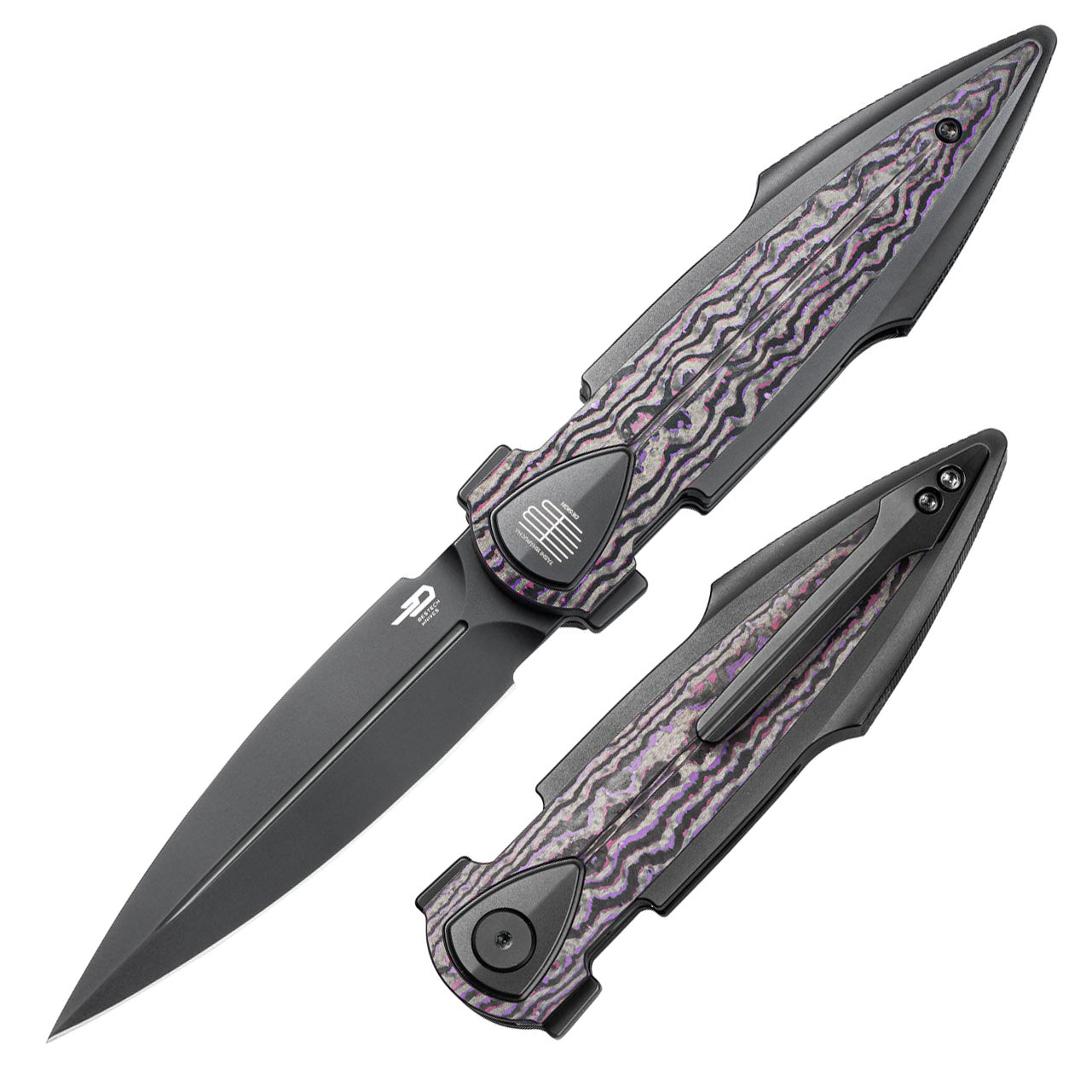 Bestech IKA DAGGER BT2602F M390 Blade Titanium + Purple Haze Fatcarbon Fiber Inlays Handle Liner Lock Folding Knife