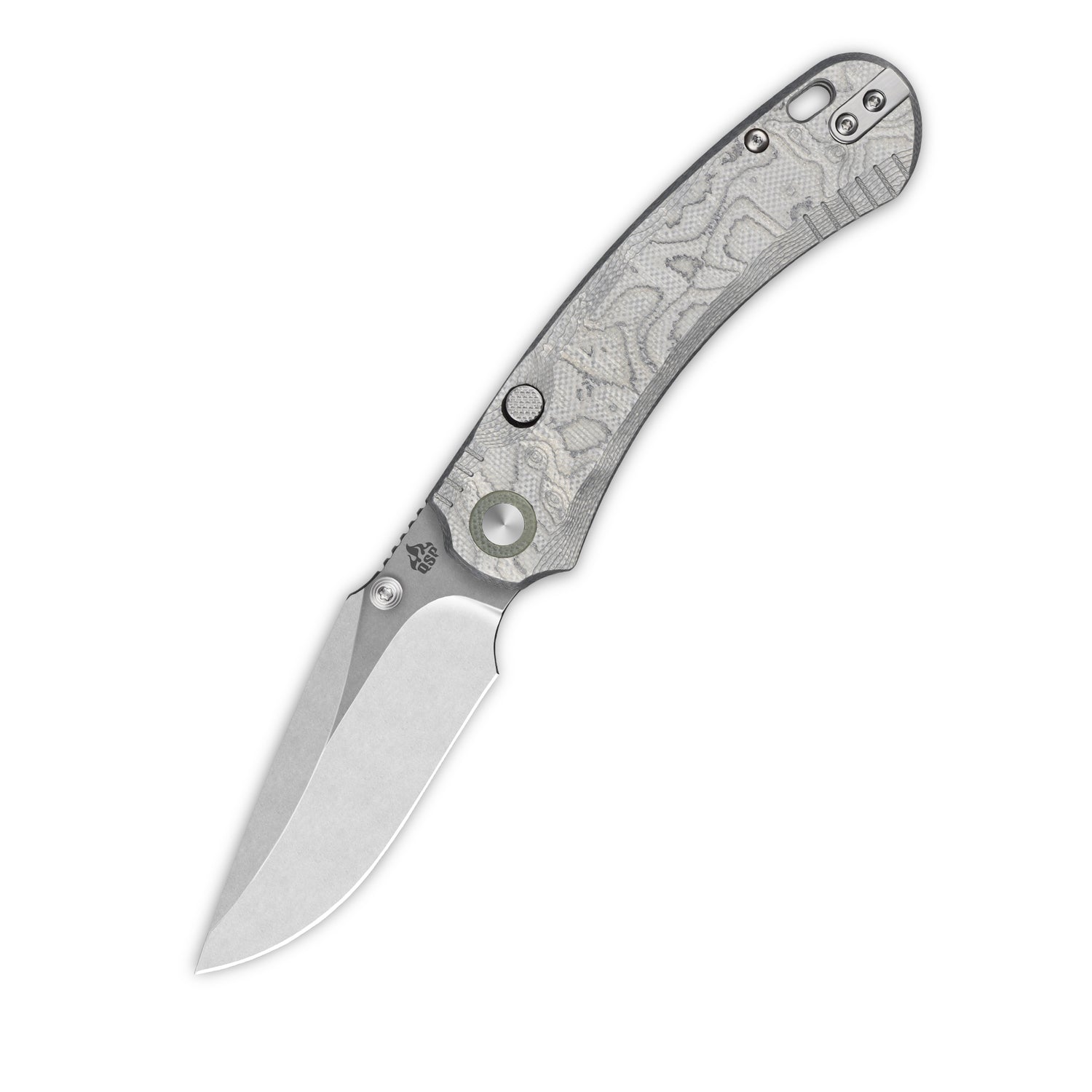 QSP Coyote QS174-D1 Stonewashed Nitro-V Blade Aluminum Foil G10 Handle Button Liner Lock Folding Knife