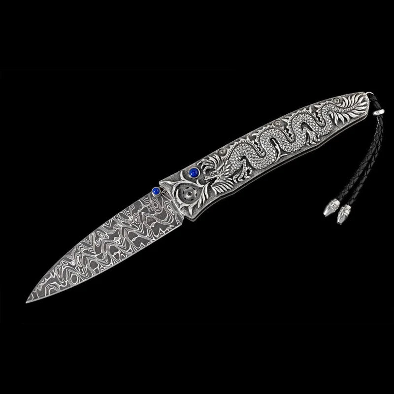 William henry B30 SILVER DRAGON Damascus Blade Silver Handle Pocket Knife Button Lock Knives