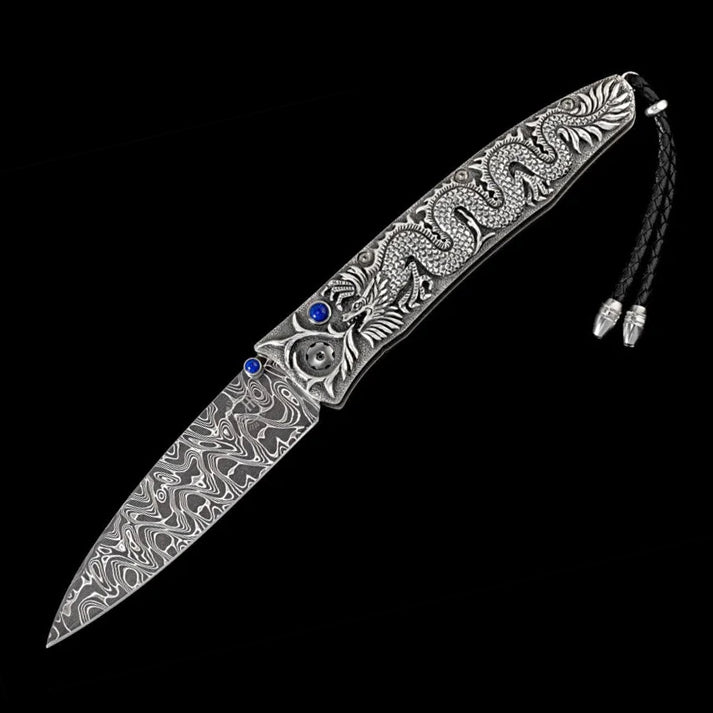 William henry B30 SILVER DRAGON Damascus Blade Silver Handle Pocket Knife Button Lock Knives