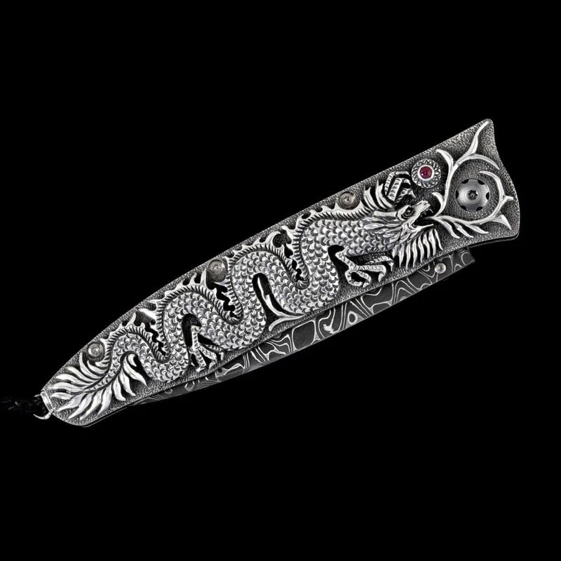 William henry B30 SILVER DRAGON Damascus Blade Silver Handle Pocket Knife Button Lock Knives