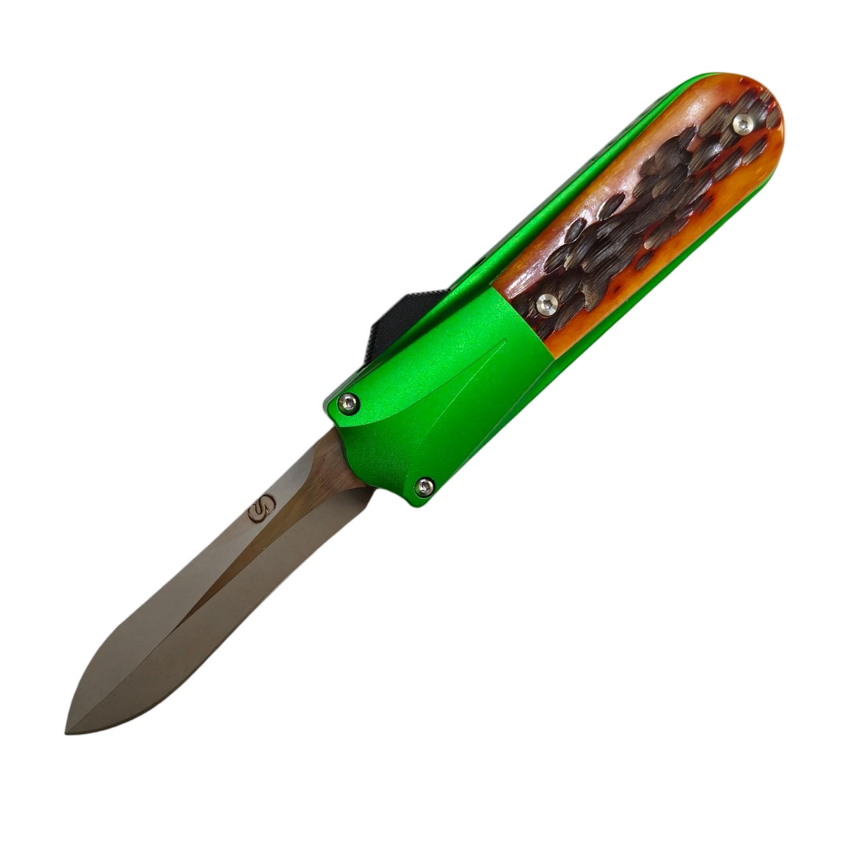 Sao Squid OTF knife deployment action — thumb switch sliding to deploy CPM-20CV blade forward in OTF motion.
