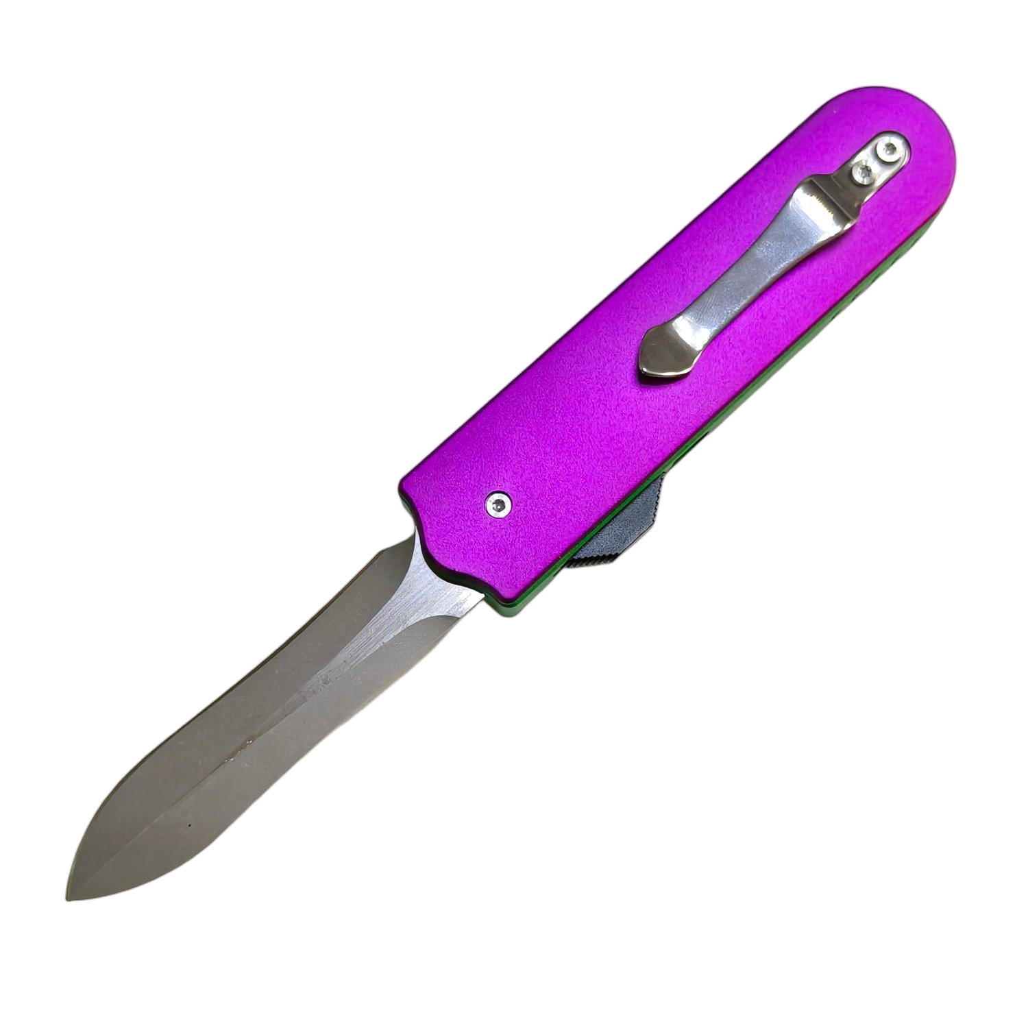 Sao Squid OTF knife rear handle cap — squared-off anodized aluminum pommel with Sao Knives logo etching.