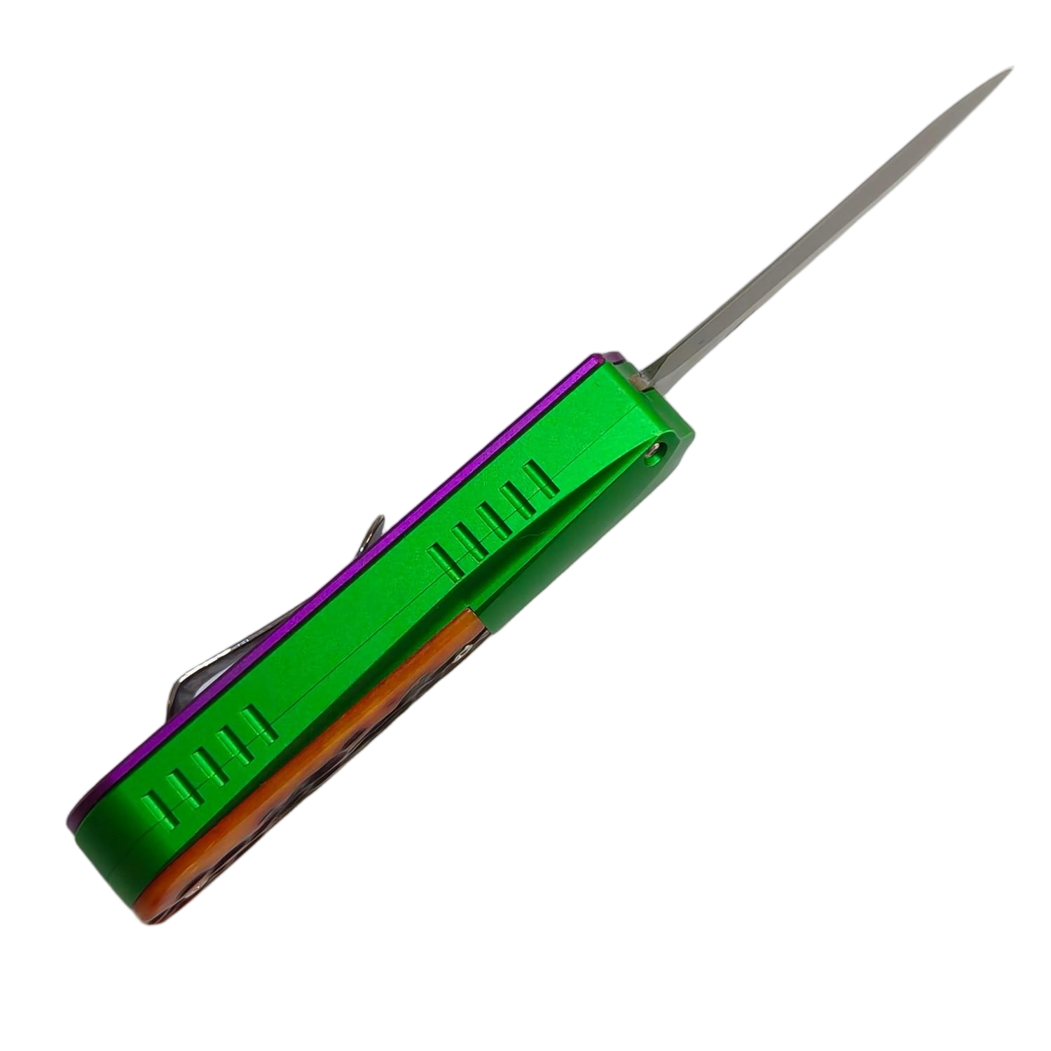 Sao Squid OTF knife with hand — adult male hand holding the automatic pocket knife to demonstrate one-handed OTF deployment grip.