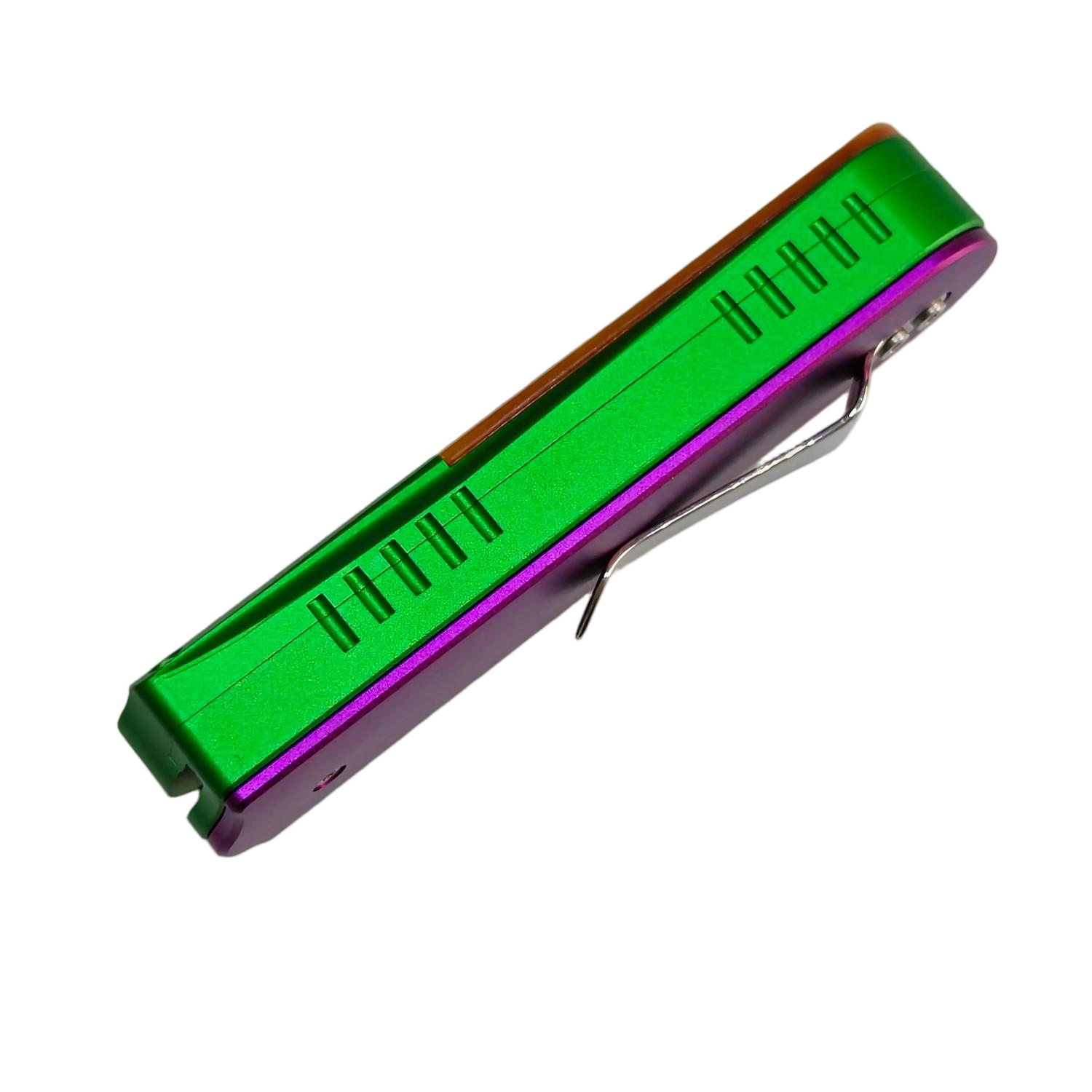 Sao Squid OTF handle detail — green-to-purple anodized finish and bone inlay accent on closed pocket knife.