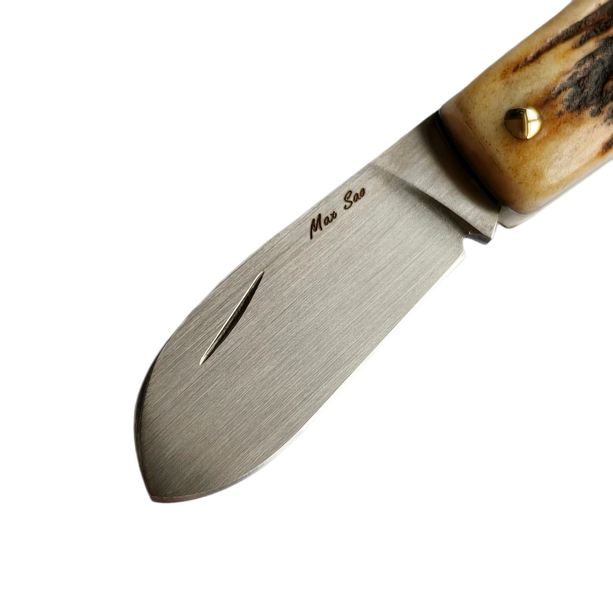 Close-up of the Sao Knife Elephant blade showing the brushed CPM-20CV finish, nail nick and Max Sao maker's mark
