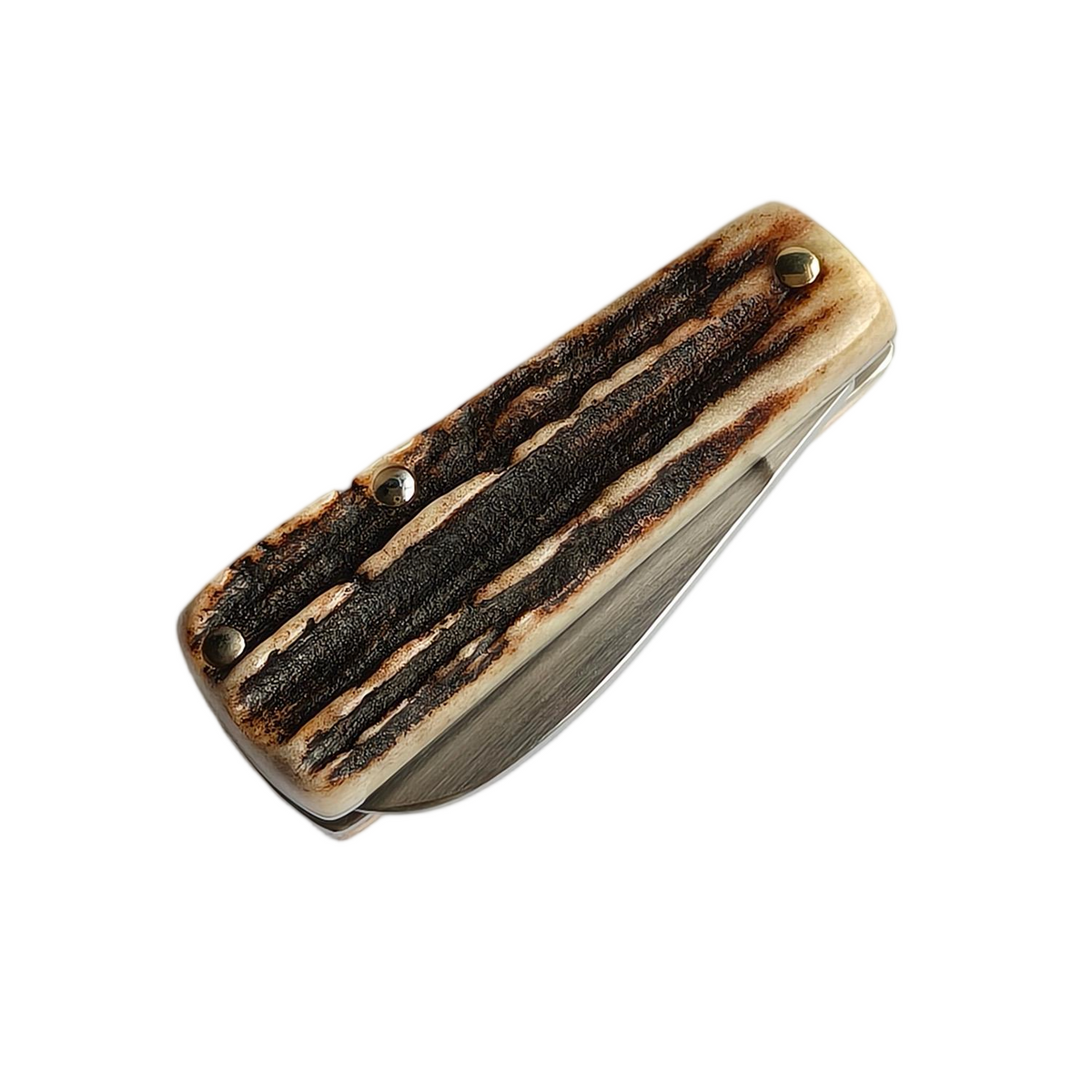 Closed view of the Sao Knife Elephant from the spine showing the blade seated flush inside the antler handle