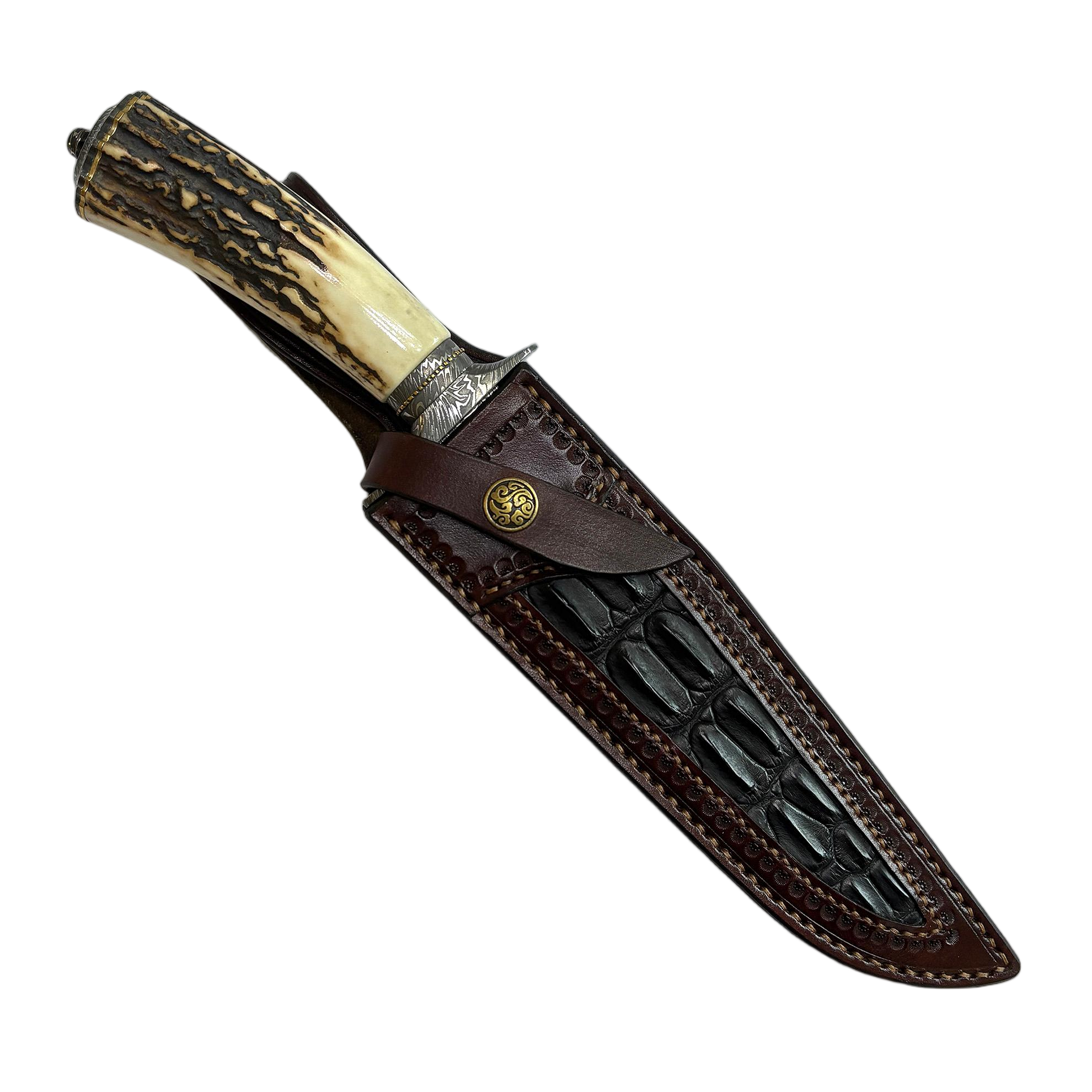 Jimmy Yang Handcrafted Custom Bowie Knife with Damascus Steel and Water Deer Antler Art in Blades