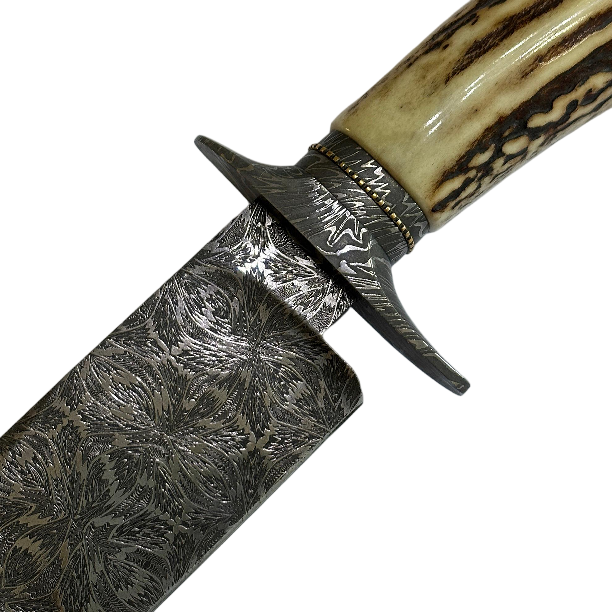 Jimmy Yang Handcrafted Custom Bowie Knife with Damascus Steel and Water Deer Antler Art in Blades