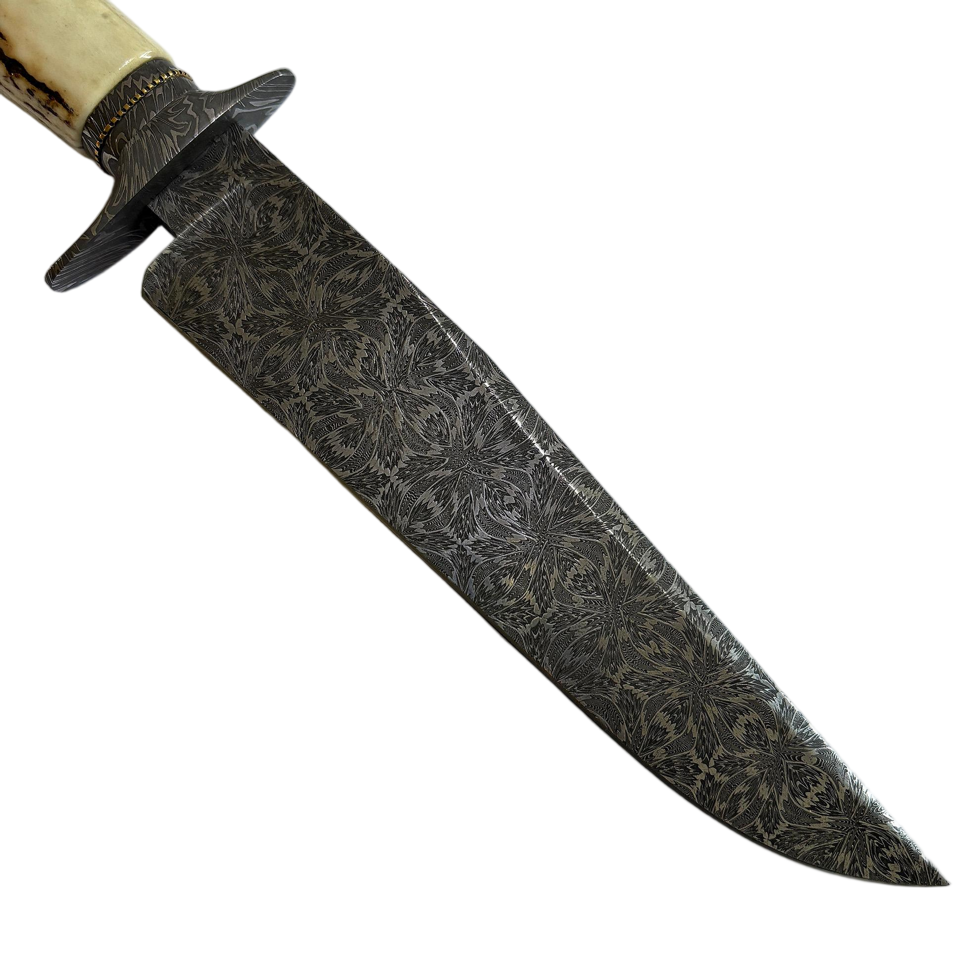 Jimmy Yang Handcrafted Custom Bowie Knife with Damascus Steel and Water Deer Antler Art in Blades