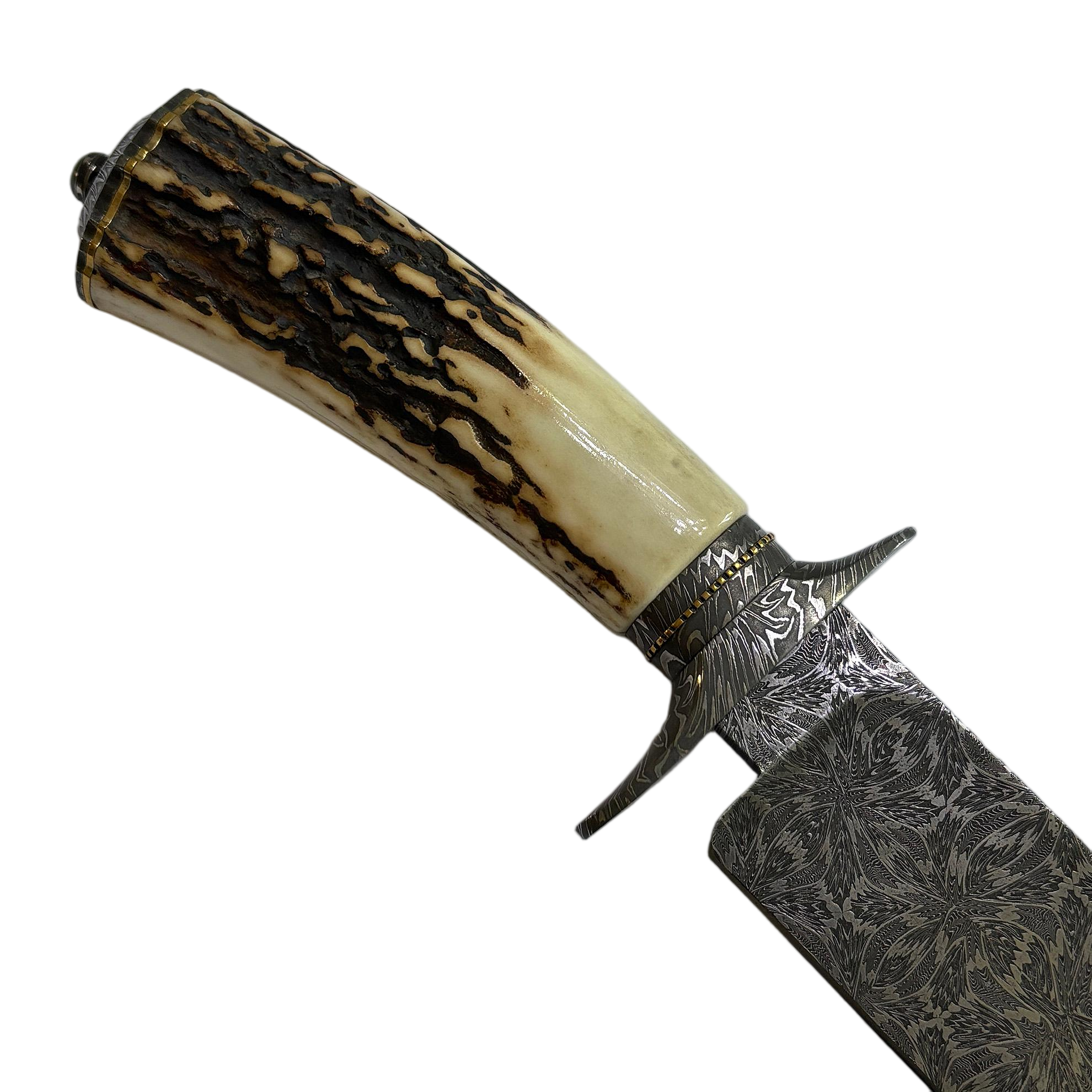 Jimmy Yang Handcrafted Custom Bowie Knife with Damascus Steel and Water Deer Antler Art in Blades
