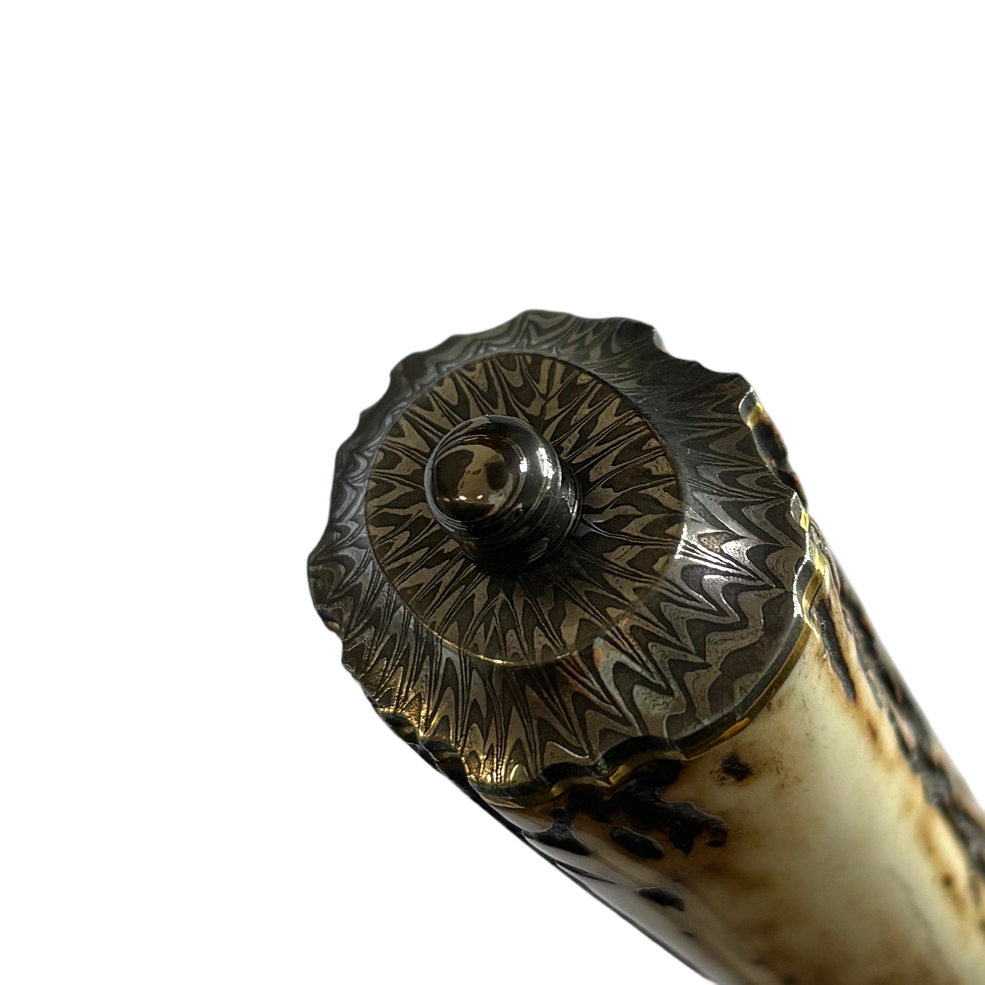 Jimmy Yang Handcrafted Custom Bowie Knife with Damascus Steel and Water Deer Antler Art in Blades