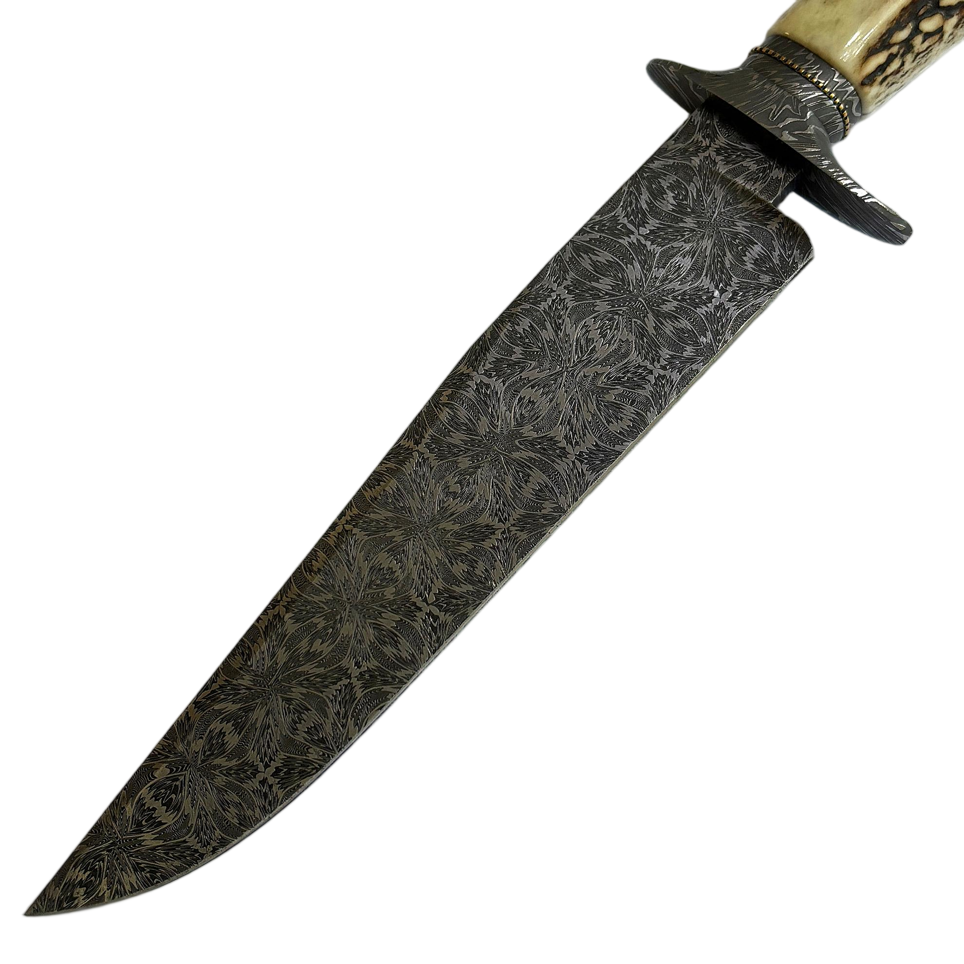 Jimmy Yang Handcrafted Custom Bowie Knife with Damascus Steel and Water Deer Antler Art in Blades