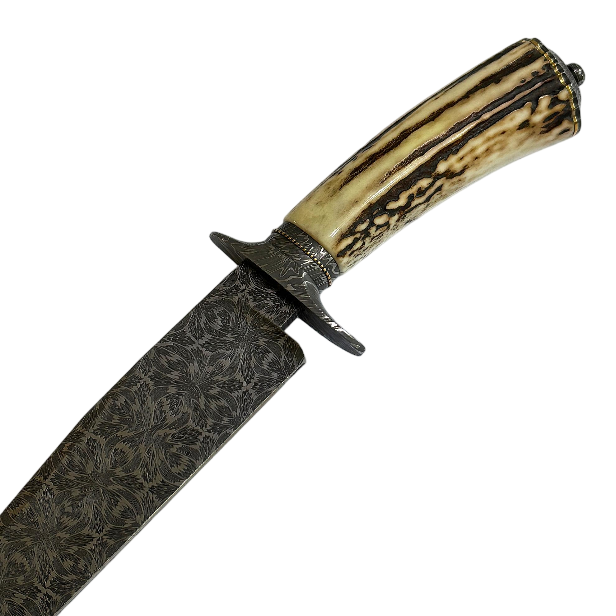 Jimmy Yang Handcrafted Custom Bowie Knife with Damascus Steel and Water Deer Antler Art in Blades