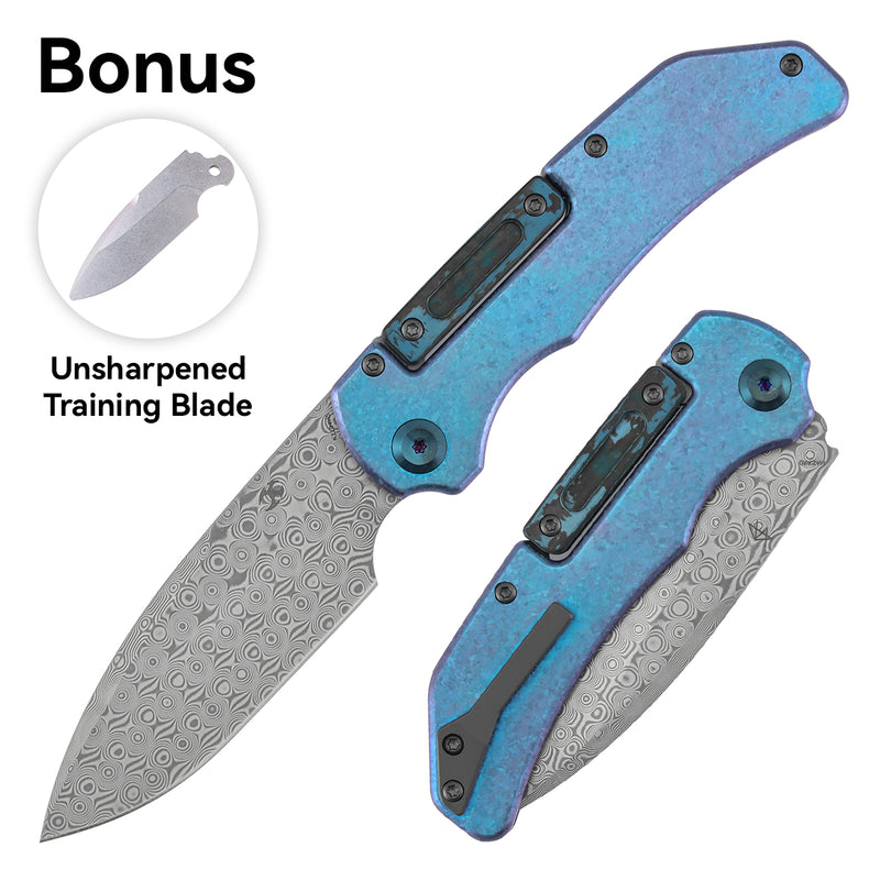 Kansept Hazard K1104H5 Damascus Blade Titanium & Fatcarbon Handle Bali Lock Folding Knife