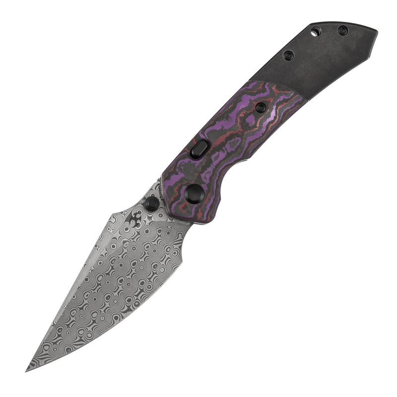 Kansept Fenrir K1034H3 Damascus Blade Purple Haze Fatcarbon & Titanium Handle Top Liner Lock Folding Knife