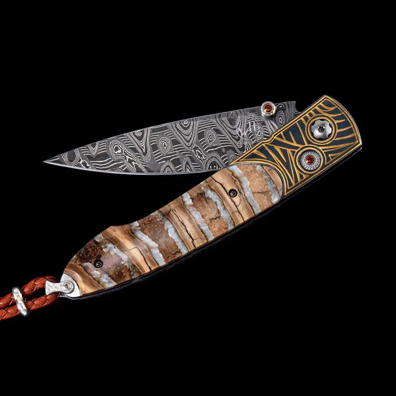 William Henry B10 ANCIENT Damascus Blade 24K Gold Koftgari Frame inlaid with Wooly Mammoth tooth Pocket Knife Button Lock