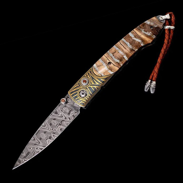 William Henry B10 ANCIENT Damascus Blade 24K Gold Koftgari Frame inlaid with Wooly Mammoth tooth Pocket Knife Button Lock