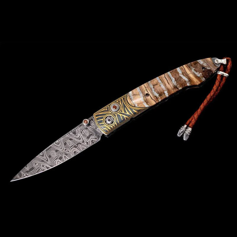 William Henry B10 ANCIENT Damascus Blade 24K Gold Koftgari Frame inlaid with Wooly Mammoth tooth Pocket Knife Button Lock
