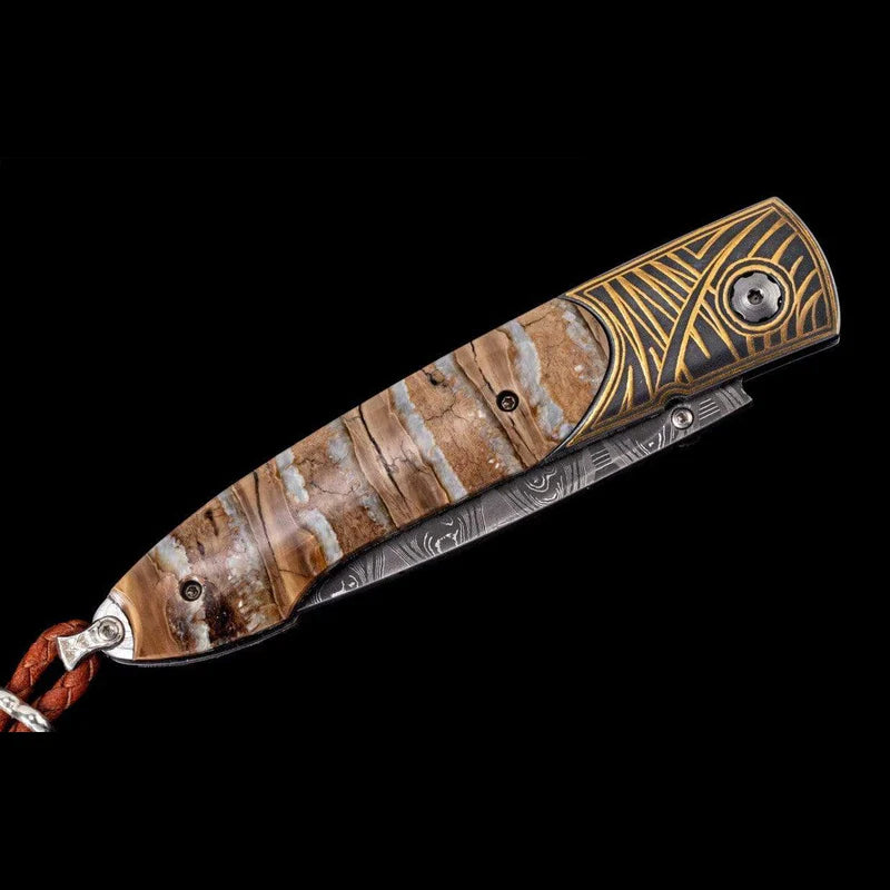 William Henry B10 ANCIENT Damascus Blade 24K Gold Koftgari Frame inlaid with Wooly Mammoth tooth Pocket Knife Button Lock