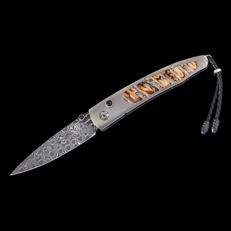 William Henry B10 INTREPID Damascus Blade Titanium With Fossil Woolly Mammoth tooth Handle Pocket Knife Button Lock