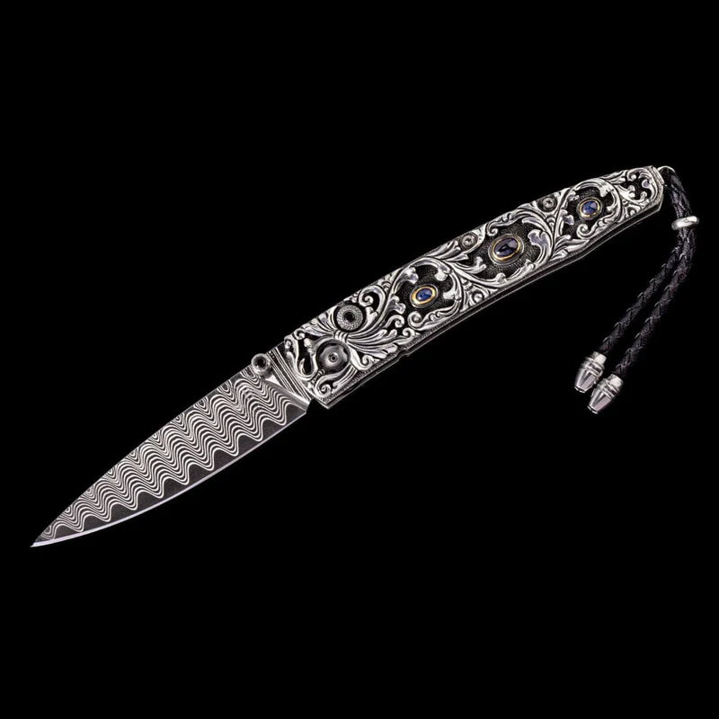 William Henry B10 RADIANT Damascus Blade Silver Handle Pocket Knife Button Lock