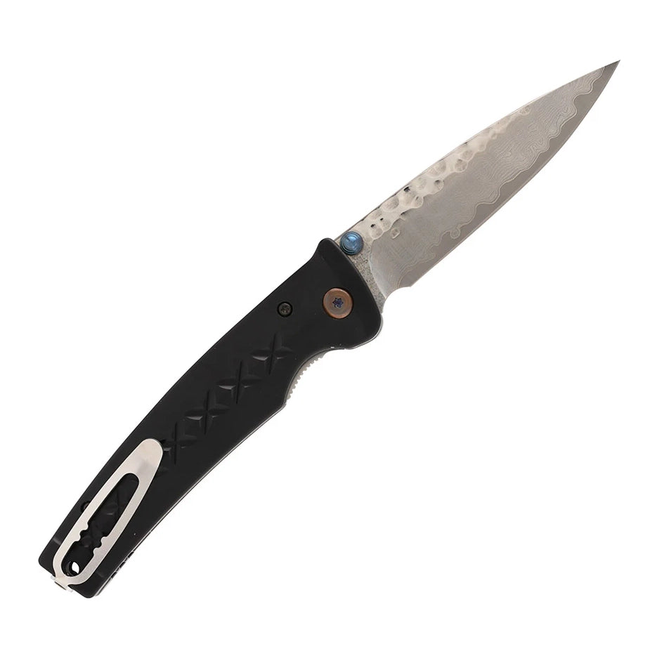 Navaja plegable Mcusta MC-0161D Fusion con hoja de punta caída de acero damasco VG-10 y mango de aluminio negro, cierre Liner Lock