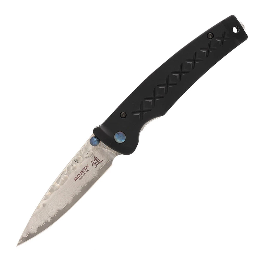 Navaja plegable Mcusta MC-0161D Fusion con hoja de punta caída de acero damasco VG-10 y mango de aluminio negro, cierre Liner Lock