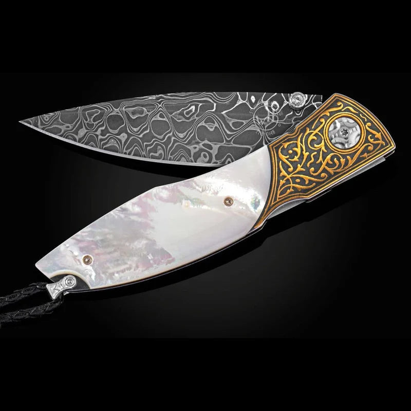 William henry C19 WEST CLIFF Damascus blade 24k Gold Koftgari Pocket Knife Button Lock Knives