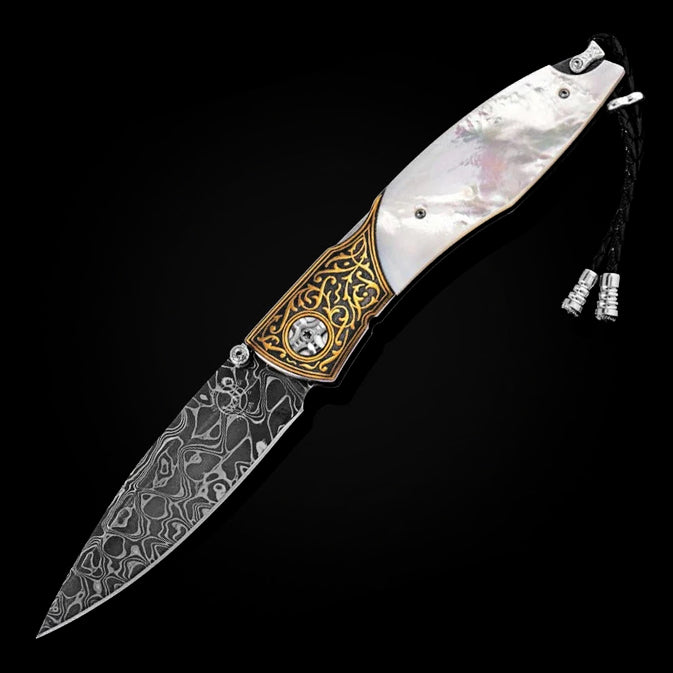 William henry C19 WEST CLIFF Damascus blade 24k Gold Koftgari Pocket Knife Button Lock Knives