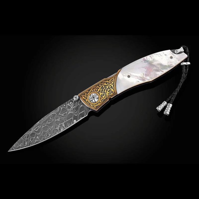 William henry C19 WEST CLIFF Damascus blade 24k Gold Koftgari Pocket Knife Button Lock Knives