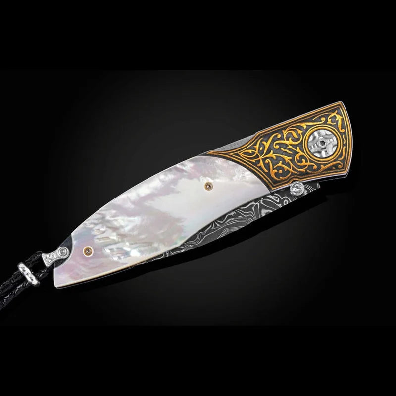 William henry C19 WEST CLIFF Damascus blade 24k Gold Koftgari Pocket Knife Button Lock Knives
